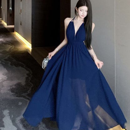 Halter Plain Side-Slit Maxi A-Line Dress