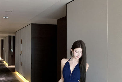 Halter Plain Side-Slit Maxi A-Line Dress