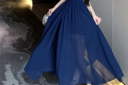 Halter Plain Side-Slit Maxi A-Line Dress