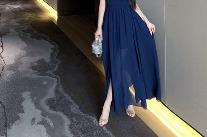 Halter Plain Side-Slit Maxi A-Line Dress