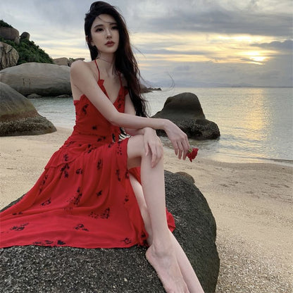 Halter Floral Ruffle Side-Slit Midi Sundress