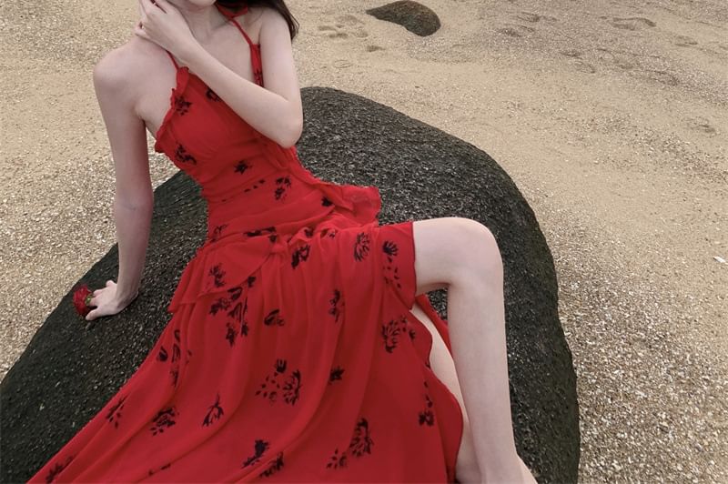 Halter Floral Ruffle Side-Slit Midi Sundress