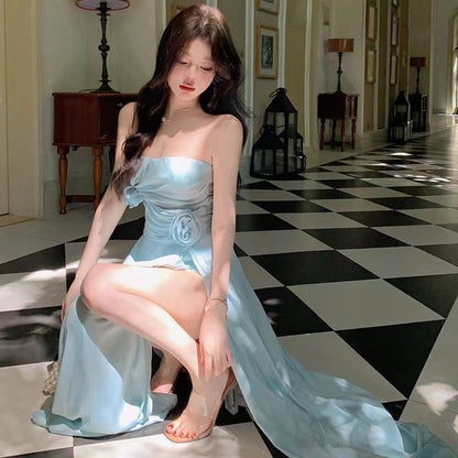 Strapless Plain Side-Slit Maxi A-Line Dress