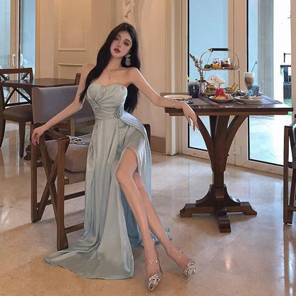 Strapless Plain Side-Slit Maxi A-Line Dress