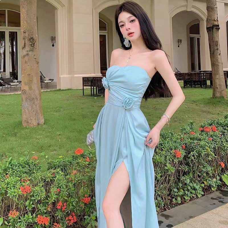 Strapless Plain Side-Slit Maxi A-Line Dress