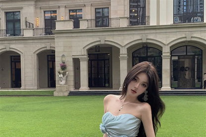 Strapless Plain Side-Slit Maxi A-Line Dress