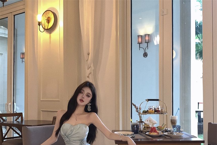 Strapless Plain Side-Slit Maxi A-Line Dress