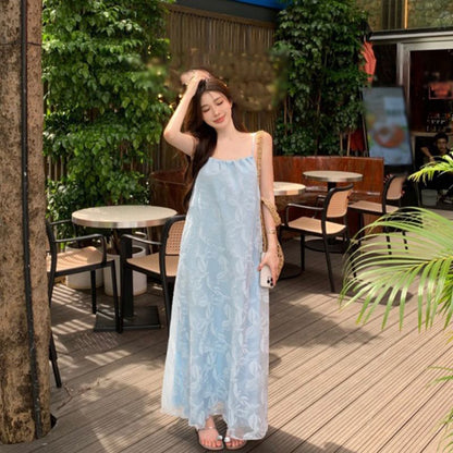 Spaghetti Strap Leaf Print Maxi Sundress