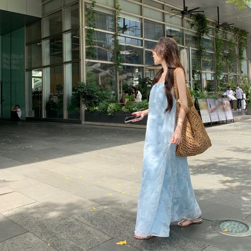 Spaghetti Strap Leaf Print Maxi Sundress