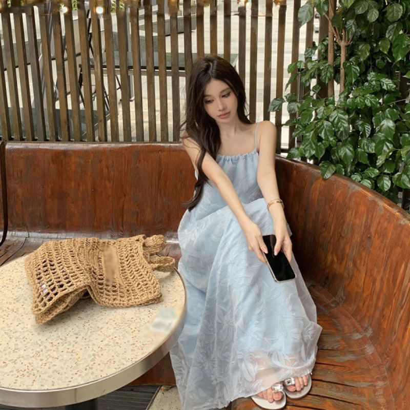 Spaghetti Strap Leaf Print Maxi Sundress