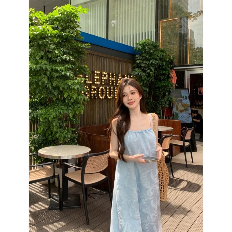 Spaghetti Strap Leaf Print Maxi Sundress