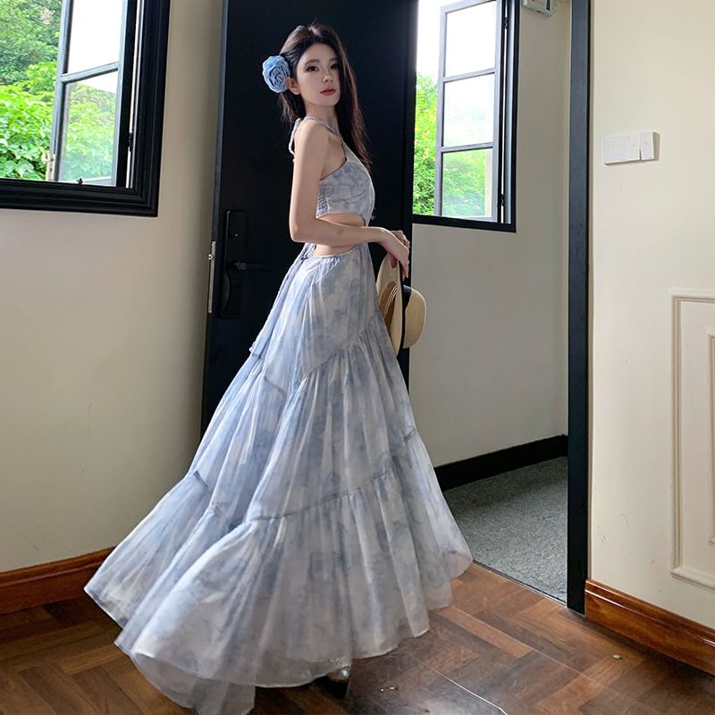 Halter Floral Cutout Maxi A-Line Dress