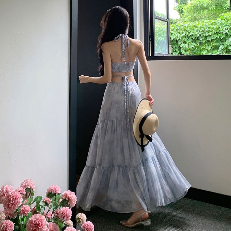 Halter Floral Cutout Maxi A-Line Dress