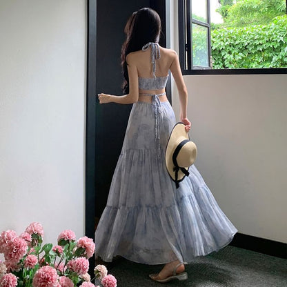 Halter Floral Cutout Maxi A-Line Dress