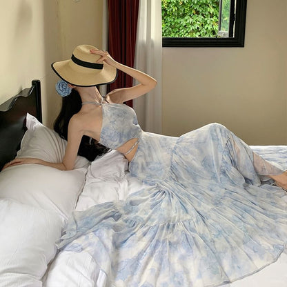 Halter Floral Cutout Maxi A-Line Dress