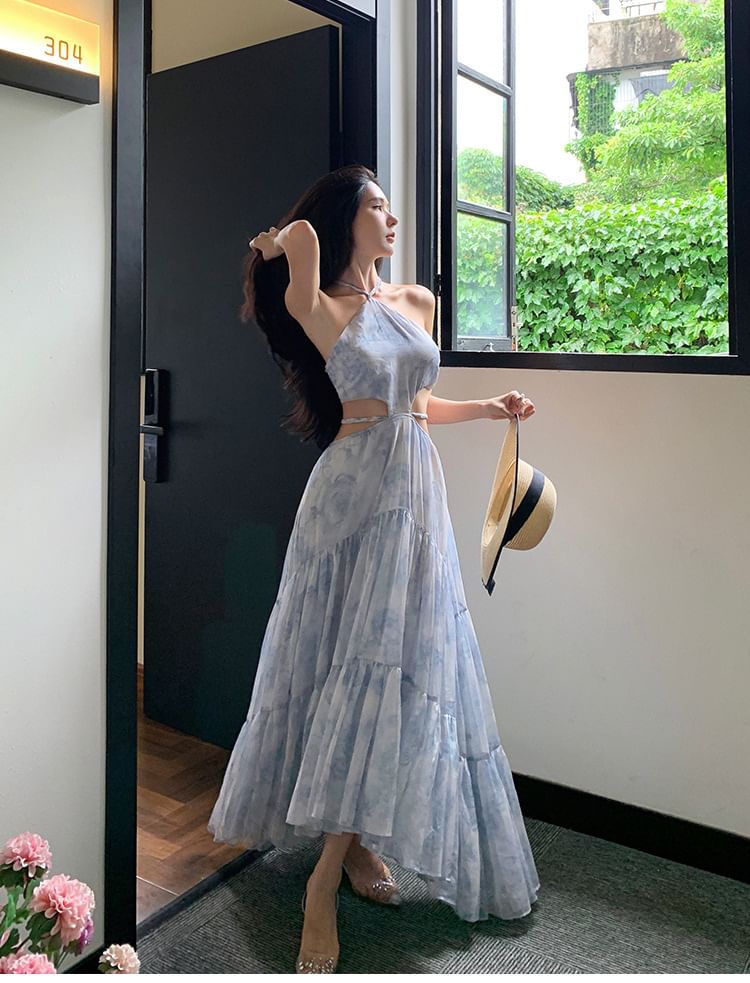 Halter Floral Cutout Maxi A-Line Dress