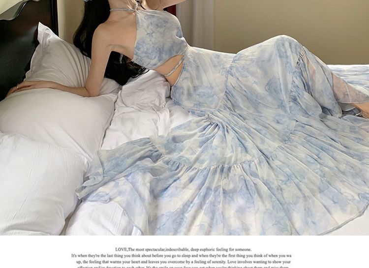 Halter Floral Cutout Maxi A-Line Dress