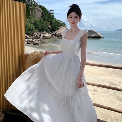 Sleeveless Plain Open Back Lace Trim Maxi A-Line Dress