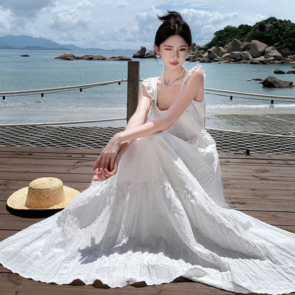 Sleeveless Plain Open Back Lace Trim Maxi A-Line Dress