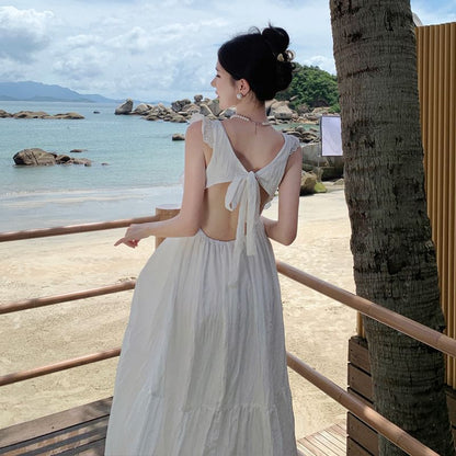 Sleeveless Plain Open Back Lace Trim Maxi A-Line Dress