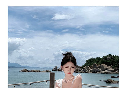 Sleeveless Plain Open Back Lace Trim Maxi A-Line Dress