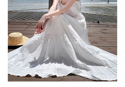 Sleeveless Plain Open Back Lace Trim Maxi A-Line Dress