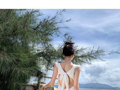 Sleeveless Plain Open Back Lace Trim Maxi A-Line Dress