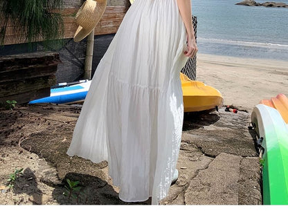 Sleeveless Plain Open Back Lace Trim Maxi A-Line Dress