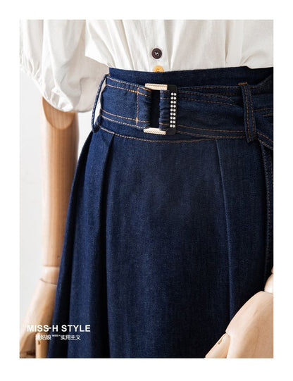 Washed Denim Pleated Midi Skirt Set with Belt
