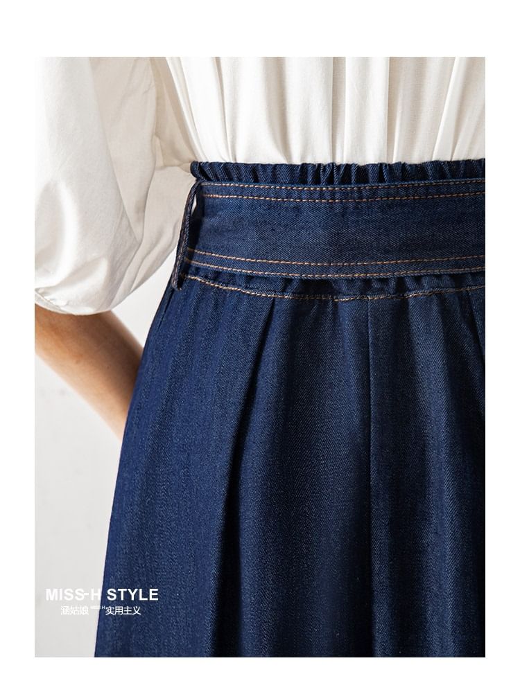Washed Denim Pleated Midi Skirt Set with Belt