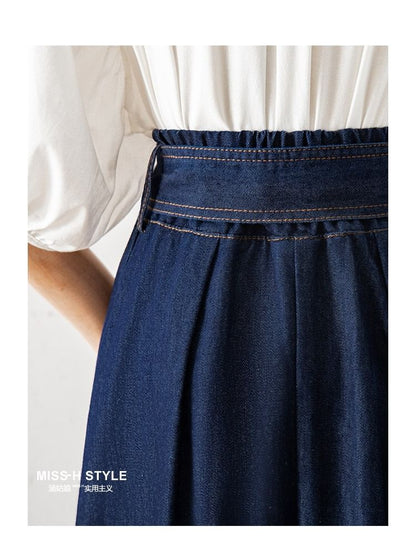 Washed Denim Pleated Midi Skirt Set with Belt