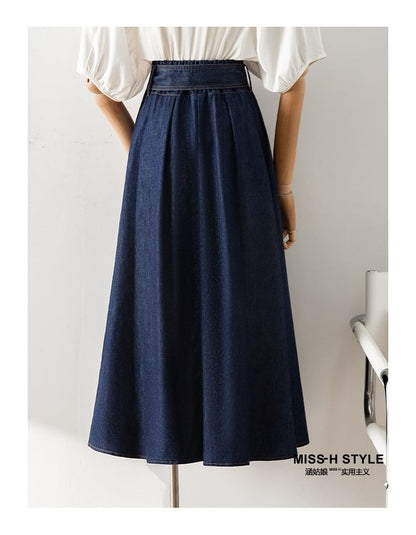 Washed Denim Pleated Midi Skirt Set with Belt