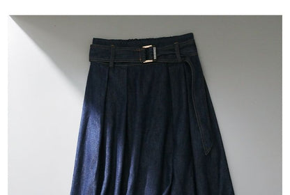 Washed Denim Pleated Midi Skirt Set with Belt