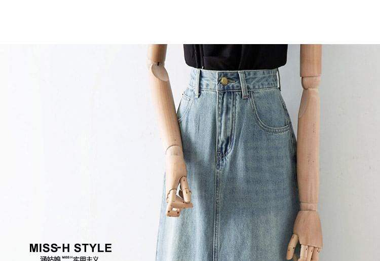 Washed Denim Slit Midi A-Line Skirt