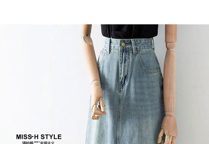Washed Denim Slit Midi A-Line Skirt