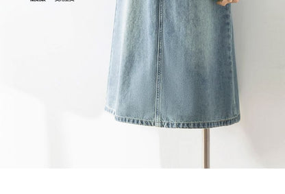 Washed Denim Slit Midi A-Line Skirt