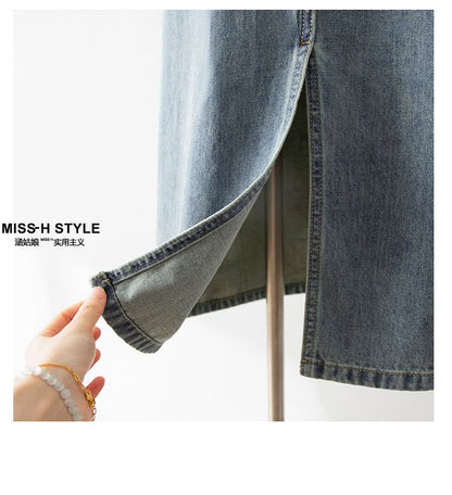 Washed Denim Slit Midi A-Line Skirt