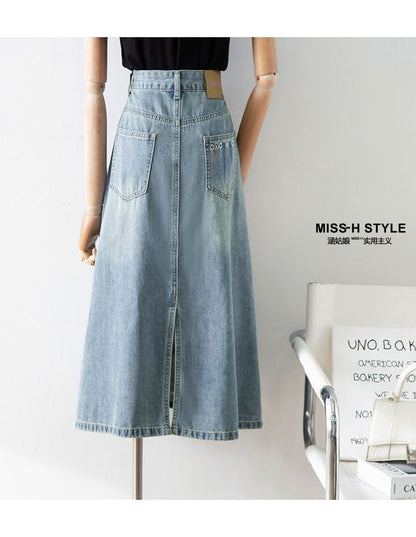 Washed Denim Slit Midi A-Line Skirt