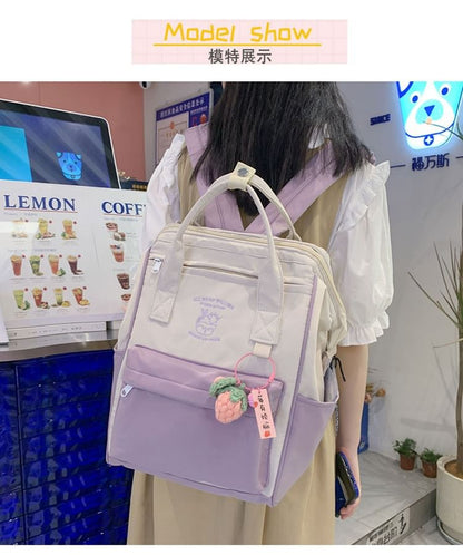 Two Tone Embroidered Nylon Backpack / Bag Charm / Set