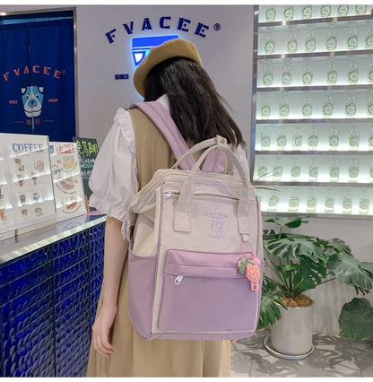 Two Tone Embroidered Nylon Backpack / Bag Charm / Set