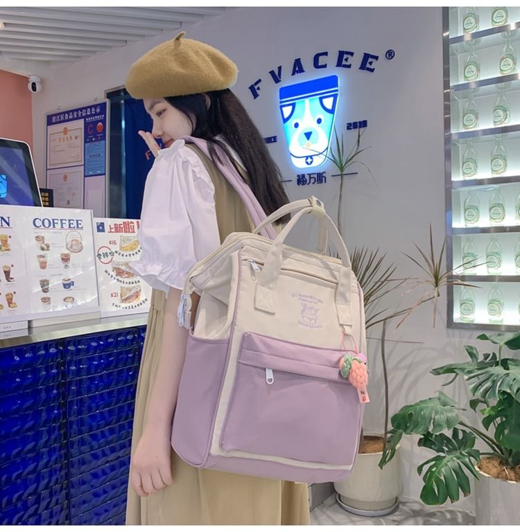 Two Tone Embroidered Nylon Backpack / Bag Charm / Set