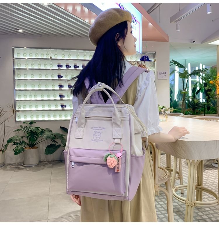 Two Tone Embroidered Nylon Backpack / Bag Charm / Set