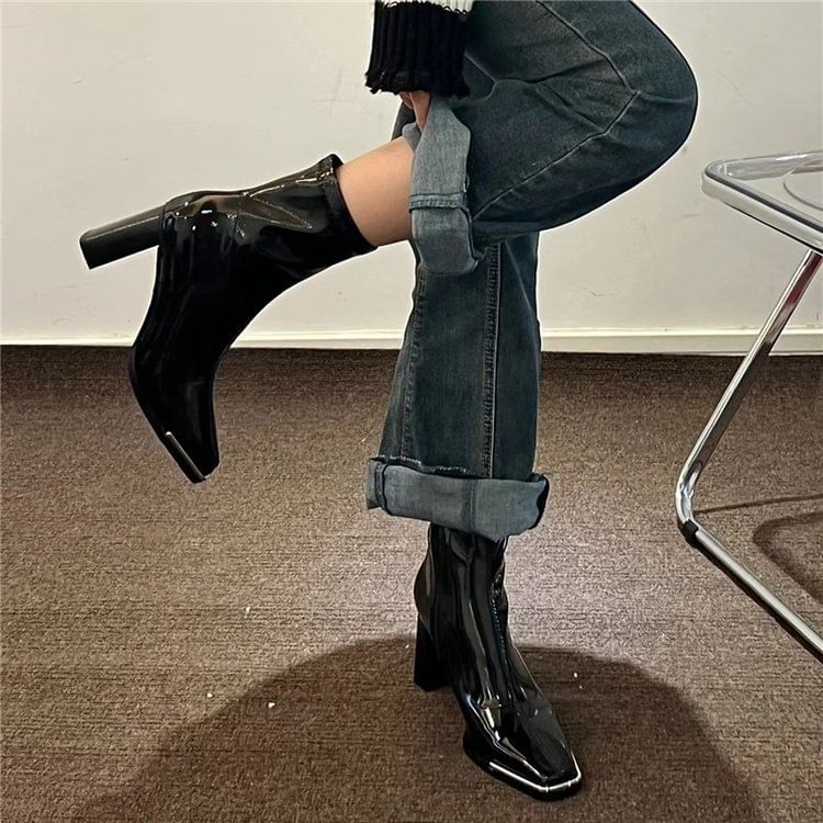 Chunky Heel Plain Zip-Up Patent Leather Short Boots