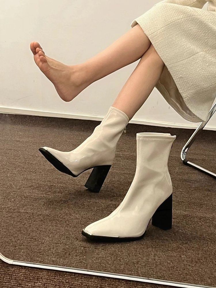 Chunky Heel Plain Zip-Up Patent Leather Short Boots