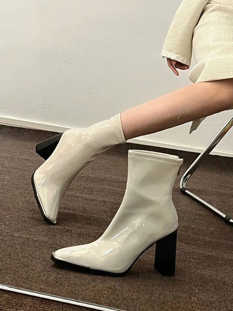 Chunky Heel Plain Zip-Up Patent Leather Short Boots