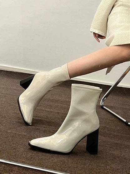 Chunky Heel Plain Zip-Up Patent Leather Short Boots