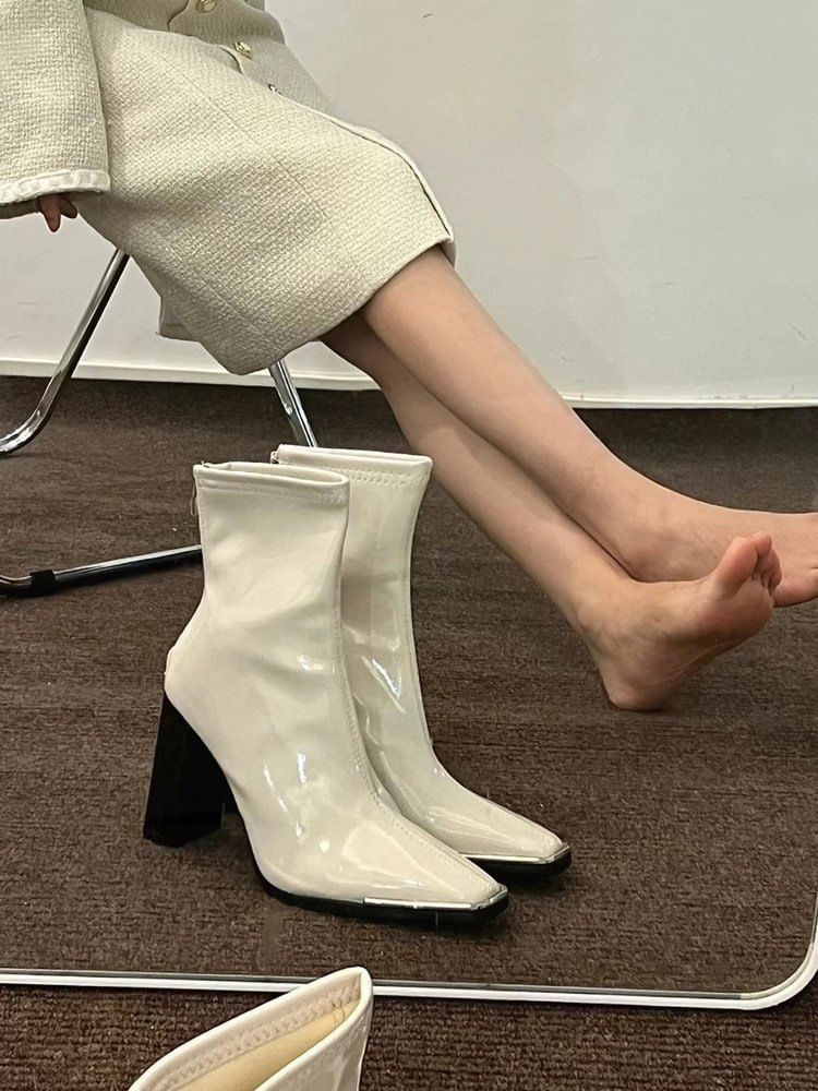 Chunky Heel Plain Zip-Up Patent Leather Short Boots