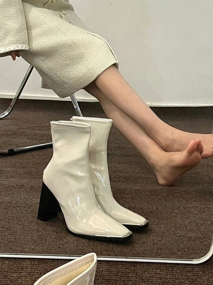 Chunky Heel Plain Zip-Up Patent Leather Short Boots