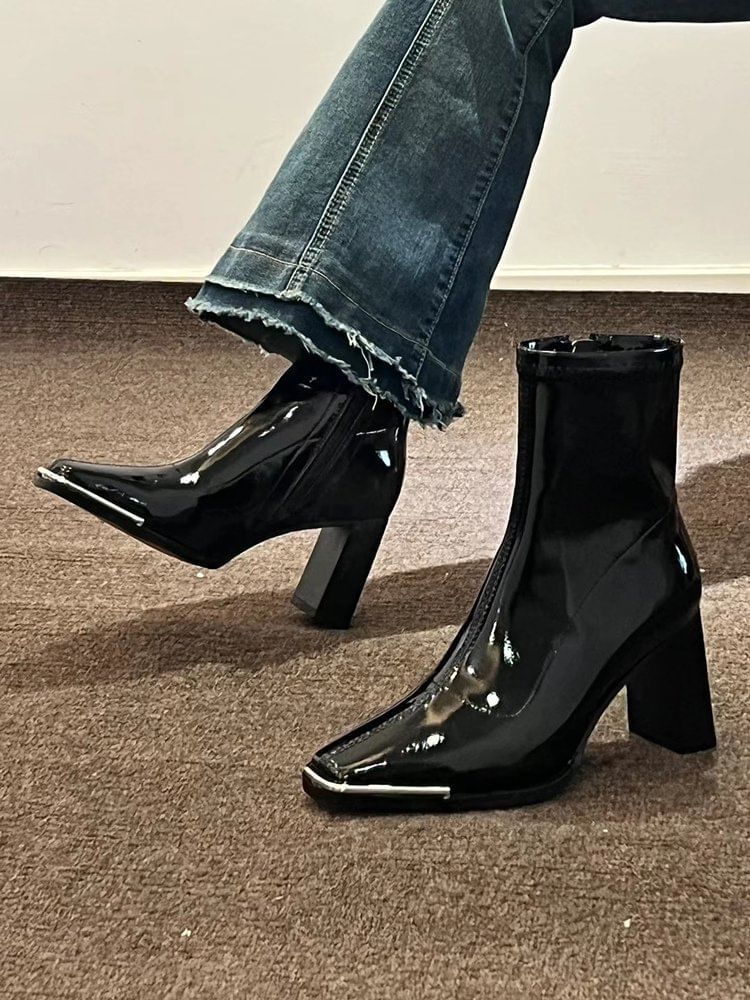 Chunky Heel Plain Zip-Up Patent Leather Short Boots
