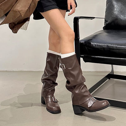 Chunky Heel Plain Buckled Faux Leather Tall Boots